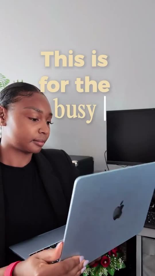 Shana at a laptop with the caption: This is for the busy
